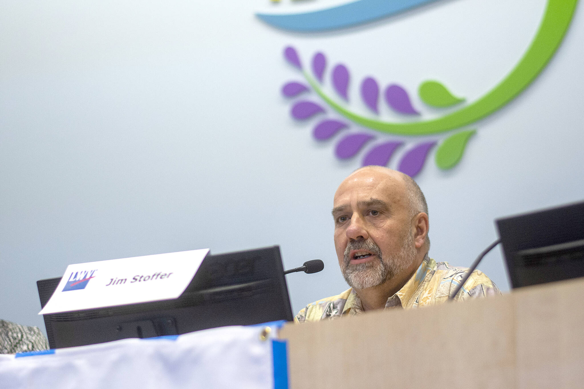 Jim Stoffer, incumbent for the District 3 position on the Sequim School District Board of Directors, speaks during a League of Women Voters forum Sunday. (Peninsula Daily News)