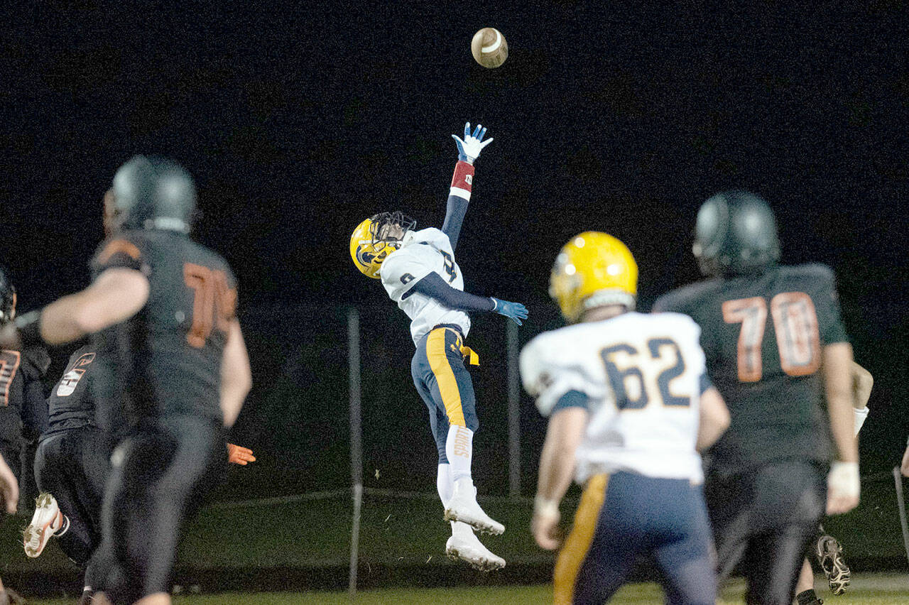 Forks’ Dalton Kilmer leaps for a pass during an October game with Napavine. Kilmer was one of numerous Spartans named to the Class 2B Southwest District North Division All-League Team this week. (Alec Dietz/The Chronicle)