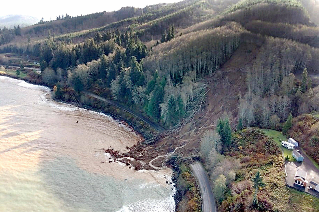 A massive landslide between Clallam Bay and Sekiu was created by this week’s storms. (Washington State Department of Transportation)