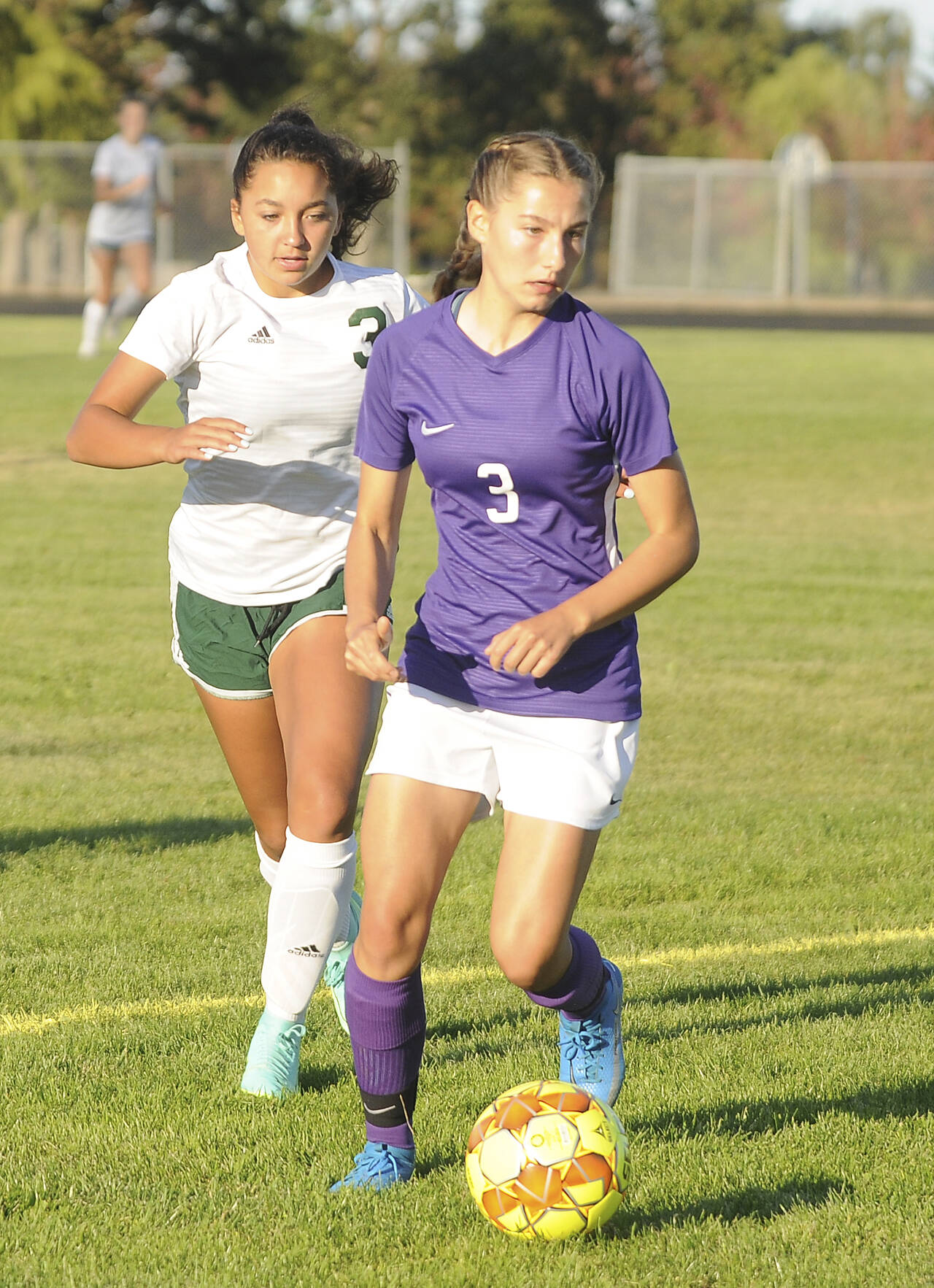 Sequim’s Taryn Johnson (right), who scored 24 goals for the Wolves this season as a sophomore, made the All-Peninsula Girls Soccer team. (Michael Dashiell/Olympic Peninsula News Group)
