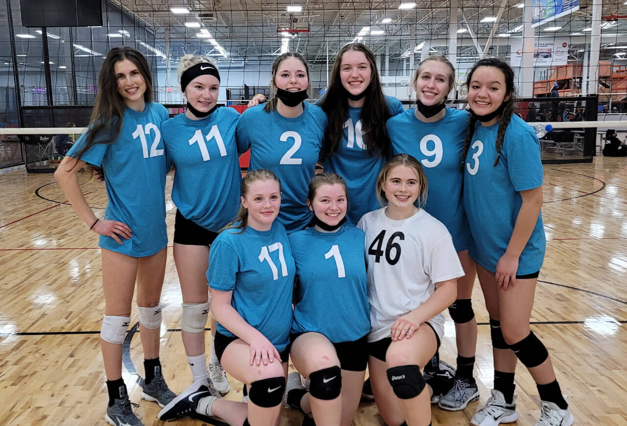 The Momentum One Volleyball Academy U18 Tsunami won the silver division at its first tournament of the season in Auburn earlier in December. From left, back row, are Emi Halberg, Alexis Perry, Jasmine Messinger, Ava Hairell, Sam Robbins and Josephine Edgington. From left, front row, are Keana Rowley, Jayde Wold and Lily Halberg. (Courtesy of Christine Halberg)