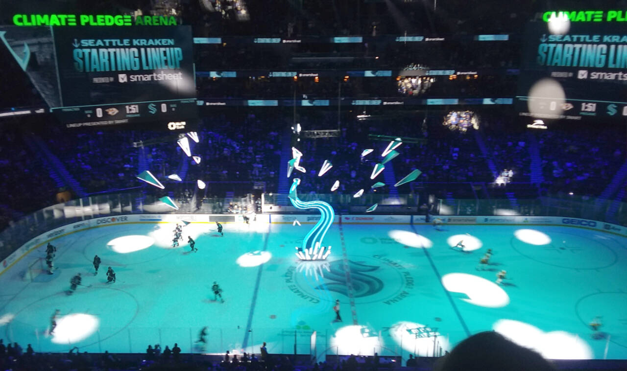 The Seattle Kraken puts on a colorful pregame show before home games. Pierre LaBossiere/Peninsula Daily News