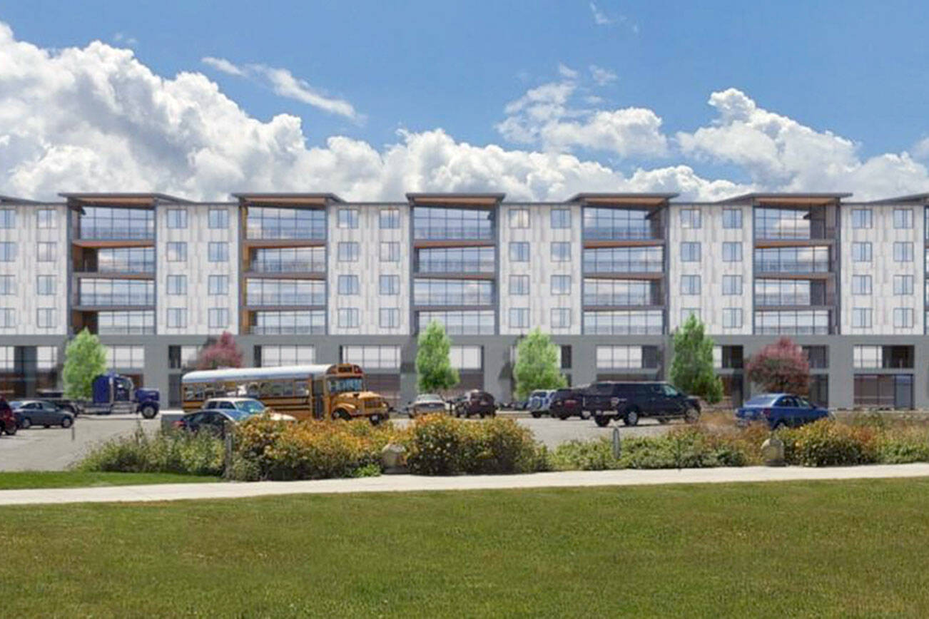An artist’s rendition of the Anian Shores development in downtown Port Angeles minus a seventh story expected to be added in the final project. (Eric Dupar)