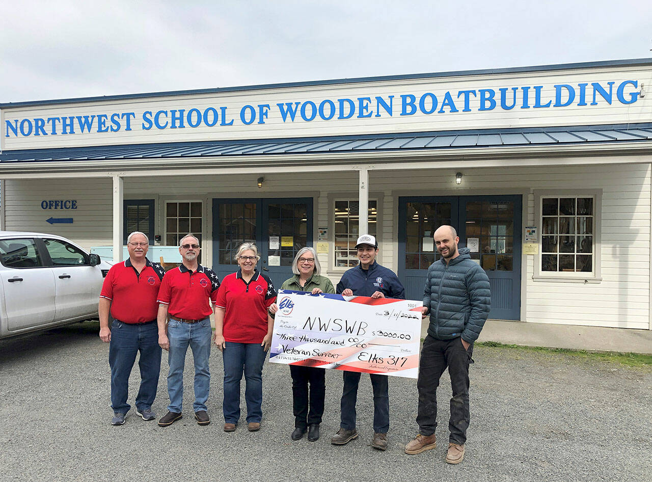 From left are Elks board chair Jerry Lucas, Elks officers Jim Aman and Shirlee Beck, Elks veteran chair Rita Frangione, VetCorps peer specialist Antonio Romero and boatbuilding instructor Tucker Piontek. (Courtesy photo)