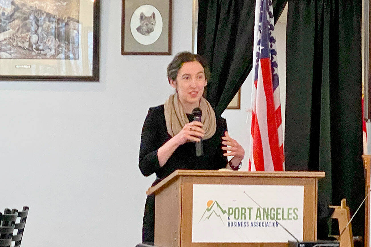 Dr. Allison Berry speaks Tuesday morning during the Port Angeles Business Association meeting. (Ken Park/Peninsula Daily News)