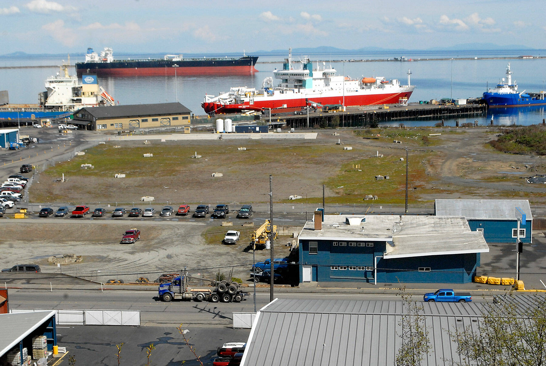 A parcel of land where the former Peninsula Plywood mill once stood, shown on Thursday, is slated for development into a Marine Trades Center on the Port Angeles waterfront. (Keith Thorpe/Peninsula Daily News)