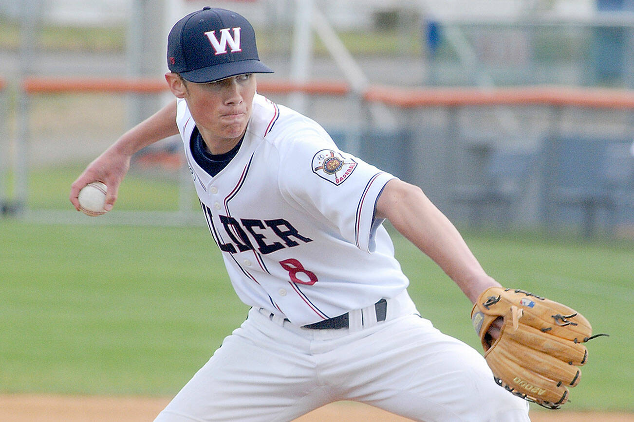Keith Thorpe/Peninsula Daily News
Wilder Senior pitcher Kole Acker throws in the first inning against WBS Colts Red on Thursday evening at Port Angeles Civic Field.