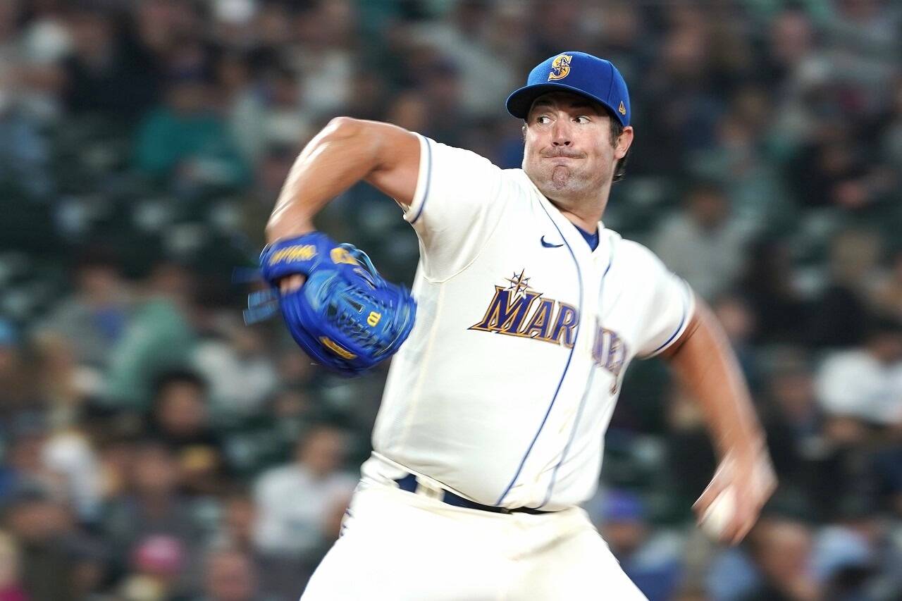 Seattle Mariners starting pitcher Robbie Ray winds up against the Oakland Athletics at T-Mobile Park in Seattle on Sunday. Ray struck out 12 batters in a 2-1 Seattle victory. (Ted S. Warren/The Associated Press)