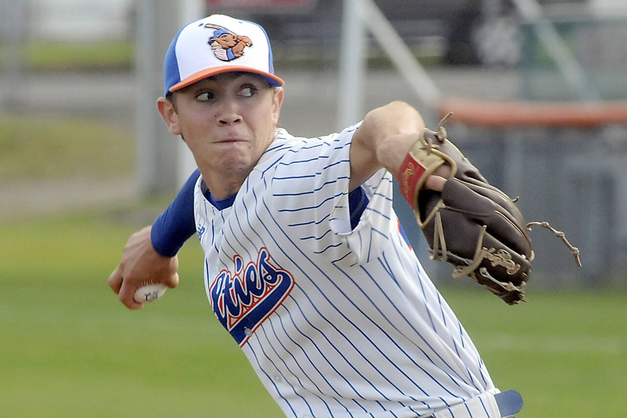 Keith Thorpe/Peninsula Daily News
Lefties pitcher Zane Petty throws in the first inning against the Bend Elks on Thursday evening at Port Angeles Civic Field.