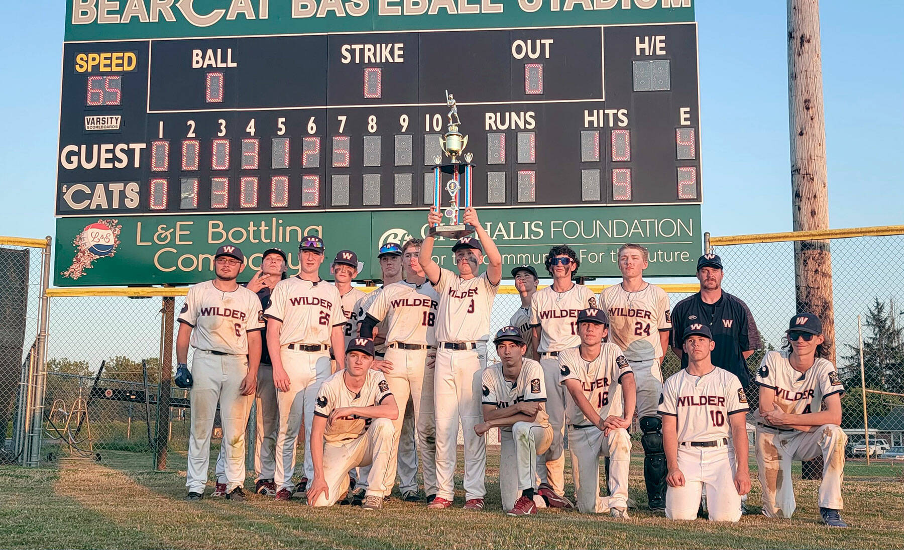 Wilder A won the Washington State American Legion Class A State Tournament with an 11-7 win over the North Idaho Lakers in Chehalis earlier this week. Wilder A players are standing, from left, Kody Williams, Coach Kam Meadows, Aidan Swenson, Brayden Martin, Gunner Rogers, Trae Hanan, Brandt Perry, Lincoln Bear, Ryland Proiette, Devyn Dearinger, coach Greg Dickman and kneeling, from left, Landen Olson, Bryce DeLeon, Kaeden Indelicato, Harris Bower, Garret Buerer.