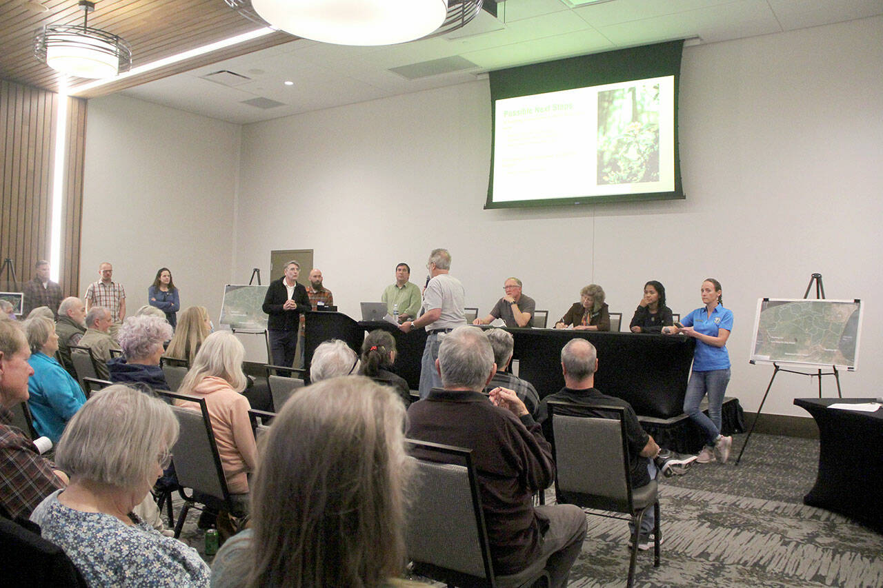 A crowded room greeted Washington State Park’s Miller Peninsula planners when they hosted an Open House Tuesday in an event room at the 7-Cedars Hotel. Local residence were there to voice their concerns and opposition to the State’s plan to turn the well-used multi-use community park set in its natural surroundings into a recreational tourist attraction with 127 camp sites — some large enough for big Recreational Vehicles — and even a lodge style hotel. (Karen Griffiths/For Peninsula Daily News)