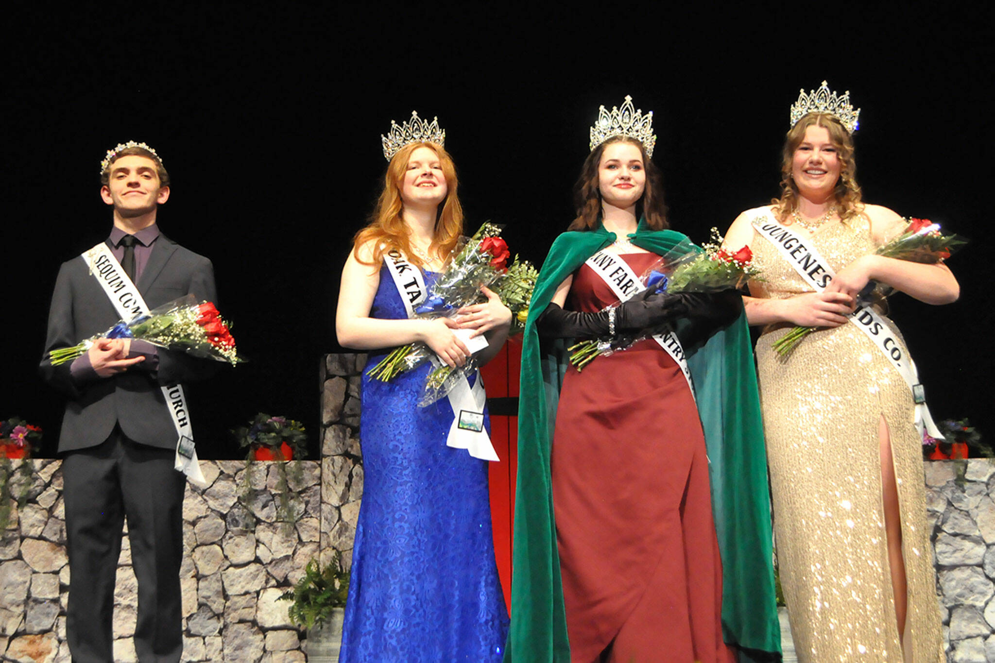 This year’s Sequim Irrigation Festival royal court includes, from left, prince Fred Cameron, princess Anne Marie Barni, queen Pepper Reymond and princess Paige “Skylar” Krzyworz. They’ll tour the region extensively this summer in parades representing Sequim as ambassadors. (Matthew Nash/Olympic Peninsula News Group)