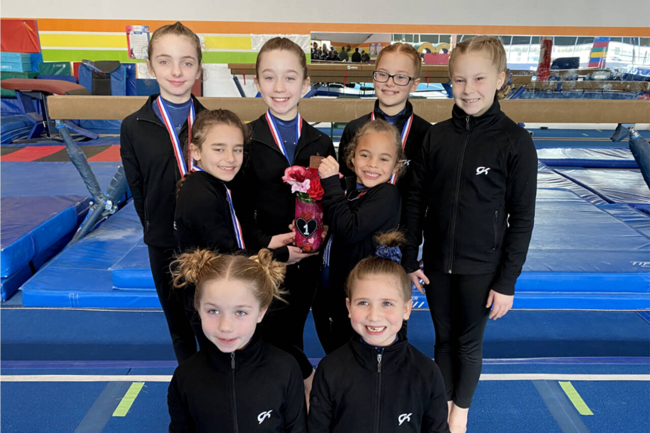 The Klahhane Bronze gymnastics team finished eighth out of 51 teams at the Washington Xcel State Championships this weekend. In the front row are, from left, Makinlee Thomason and Charlotte Neville. Center row is Paytynn Lindley and Carley Mae Riggs and back row is Lainey DePiro, Raeleigh Thomason, Harper Waterkotte and Morgan Smith. (Courtesy photo)