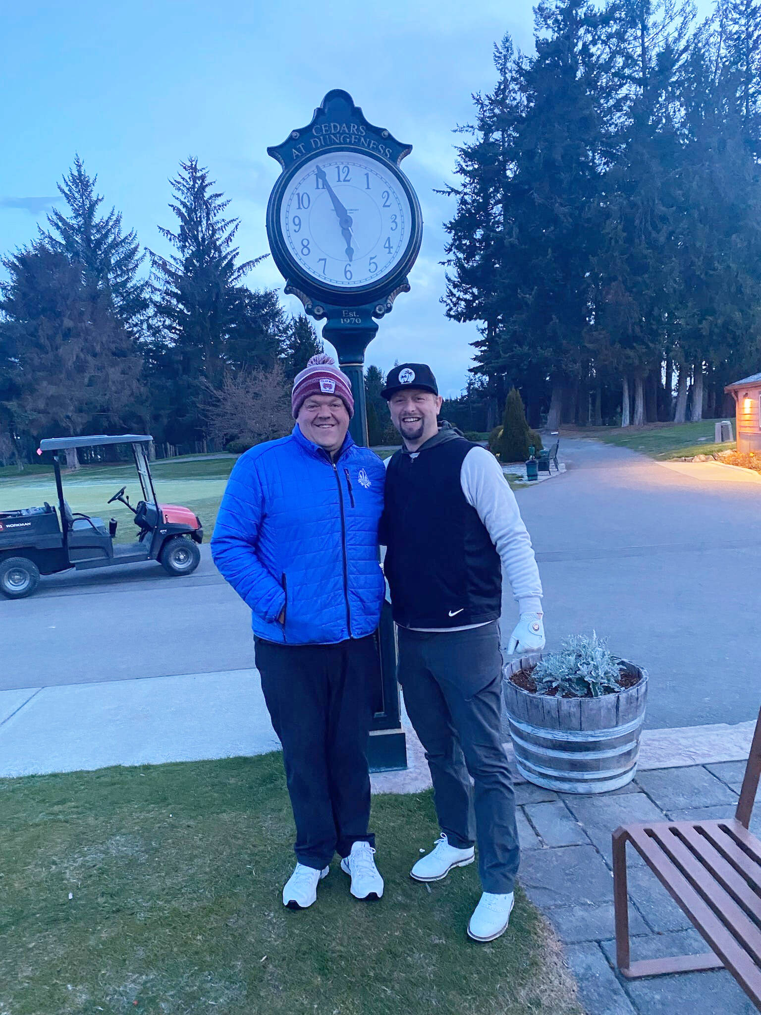 The Cedars at Dungeness Golf Course golf professionals Garrett Smithson, left, and Chad Wagner started their 100-hole marathon benefit for the Trey Green Guild of Seattle Children’s Hospital bright and early Tuesday. To donate to the fundraiser for uncompensated children’s care, visit tinyurl.com/PDN-100TGG.