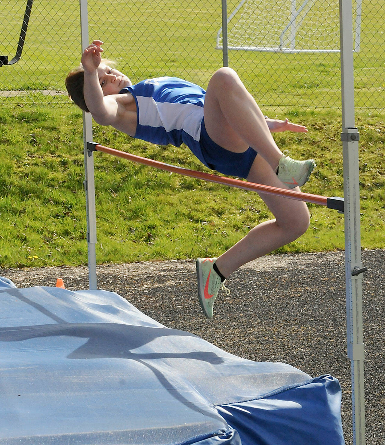 Crescent’s Alexis Dunavant clears the bar at 4 feet, 2 inches during Wednesday’s three-way meet in Joyce. (Keith Thorpe/Peninsula Daily News)
