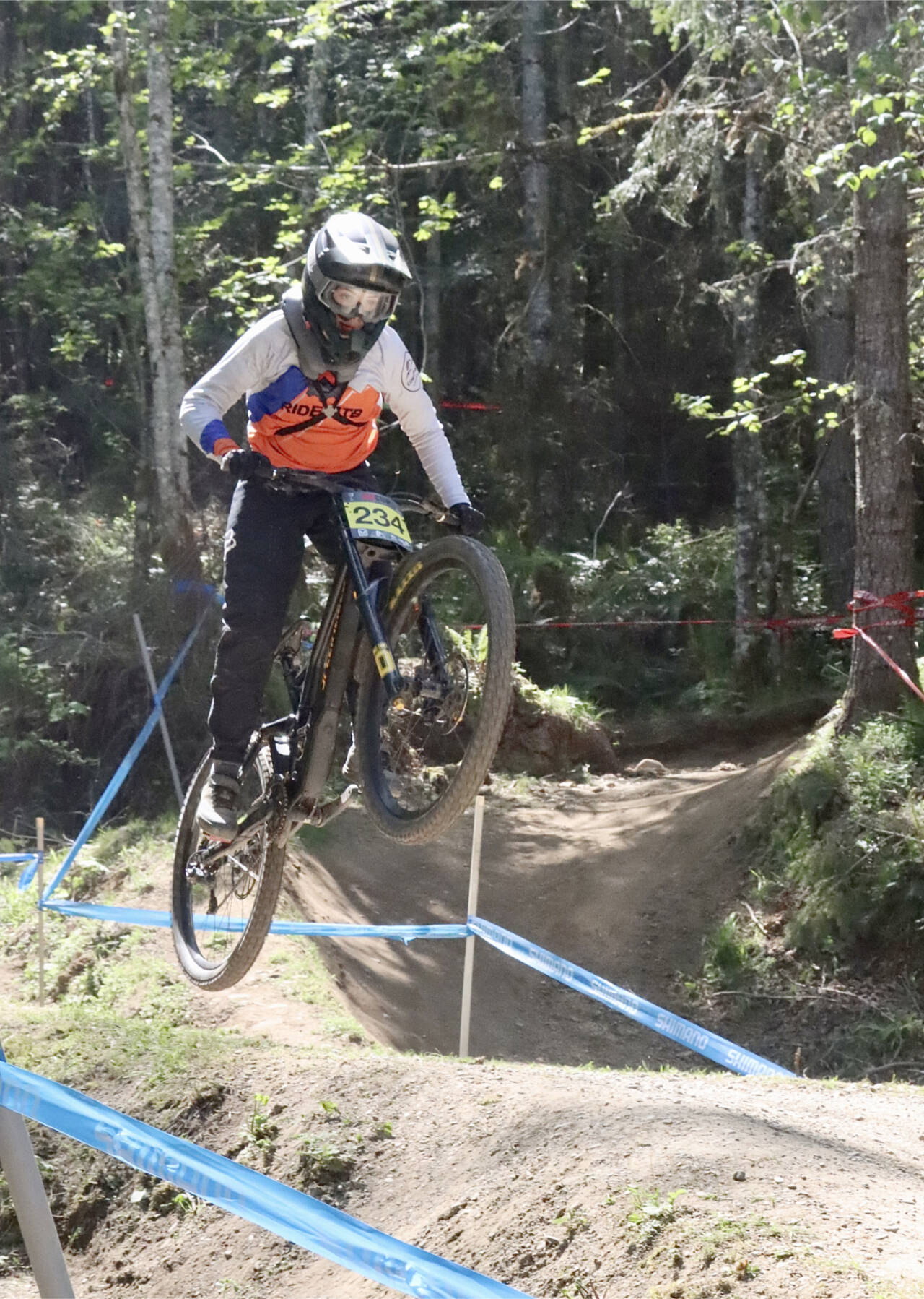 Ollie Thibault of Shawnigan Lake, B.C., competes in the NW Cup mountain biking downhill race at Dry Hill on Sunday. More than 500 racers took up the challenge on the Dry Hill courses this weekend. (Dave Logan/for Peninsula Daily News)