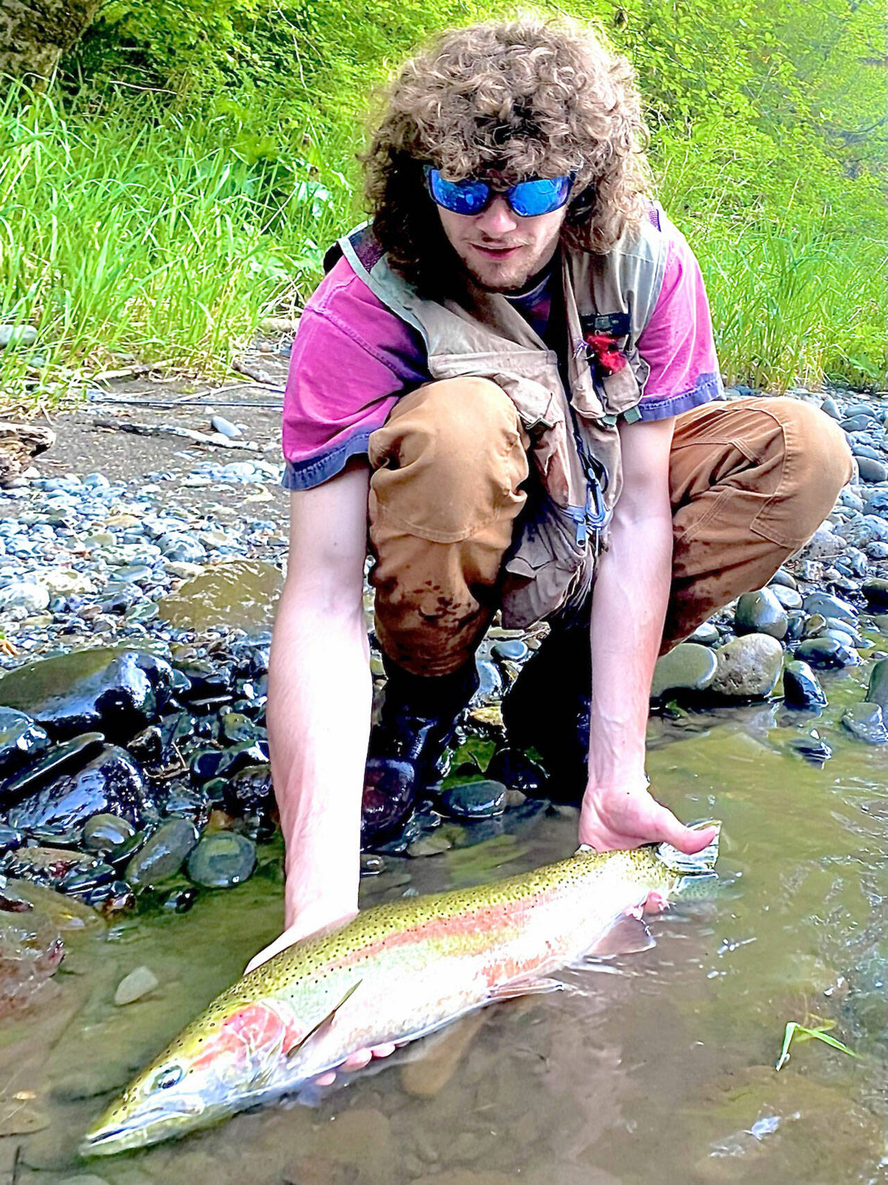 This steelhead in spawning colors was caught on a diver and shrimp set up on the Sol Duc River by an angler known as “HairDew” during a fishing outing with Jerry Wright of Jerry’s Bait & Tackle. (Jerry’s Bait and Tackle)
