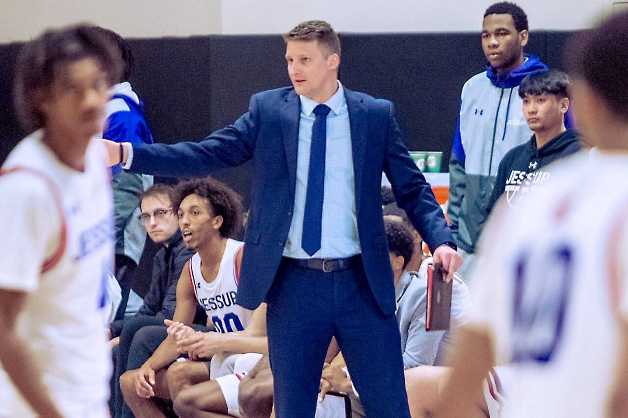 Bryce Jacobson, a former Peninsula College player and member of the 2011 NWAC-champion Pirates, was hired as the new men’s head coach for Peninsula. Here, he is coaching at William Jessup University in Rocklin, Calif. (Courtesy photo)