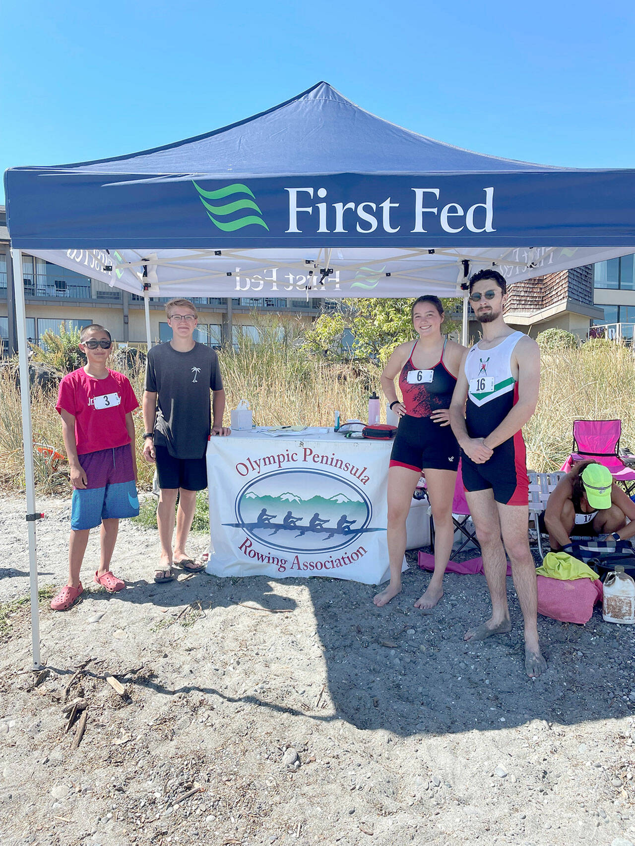 The Olympic Peninsula Rowing Association hosted their Inaugural OPRA Coastal Beach Regatta at Hollywood Beach on Sunday. Port Angeles rower participation included from left, Mason Mai, Low Handicap Solo; Cooper Disque, second Place, Low Handicap Solo; Ella Shultz. fourth place Low Handicap Solo; and Harrison Fulton, third place High Handicap Solo.