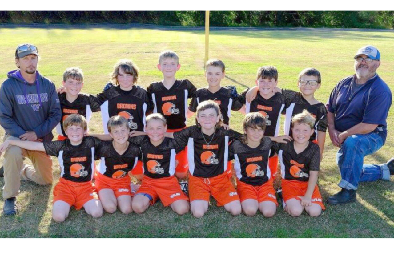 The Joyce Browns YMCA NFL flag football team just wrapped up an 11-0 season, scoring 326 points and giving up just 24. The players are, from left, back row, Robert Palmer, Liam Sprague, Teyen Thomas, Boe Horejsi, Kolton Mason, Quinn Svenson. From left, front row, are Desmond Sprague, Colton Sage, Colby Horejsi, Wyatt Bauers, Jude Sprague and Levi Palmer. The coaches are Ryan Sage and Brian Shimko. Not in the photo are players James Spears and Shadow Ellis. (Courtesy photo)