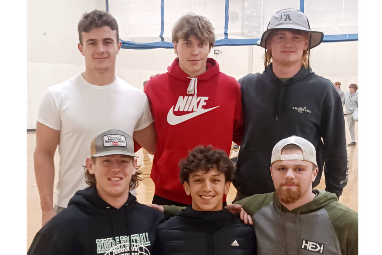 Port Angeles football team seniors include, clockwise from upper left, Jason Hawes, Parker Nickerson, Landyn Jones, Ezra Townsend, Kason Albaugh and Tanner Flores. (Pierre LaBossiere/Peninsula Daily News)