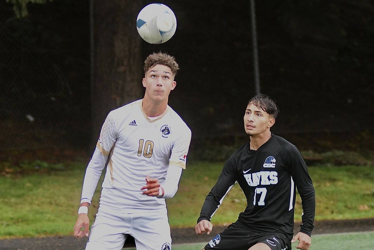 Peninsula College's Nil Grau (10), looks to control the ball against Columbia Basin's Jonas Olvera (17) in the NWAC semifinals held Friday in Tukwila. Grau scored the only goal of the game in a 1-0 victory, sending the Peninsula men into the NWAC finals at 1:30 p.m. Sunday against Highline. (Jay Cline/Peninsula College)