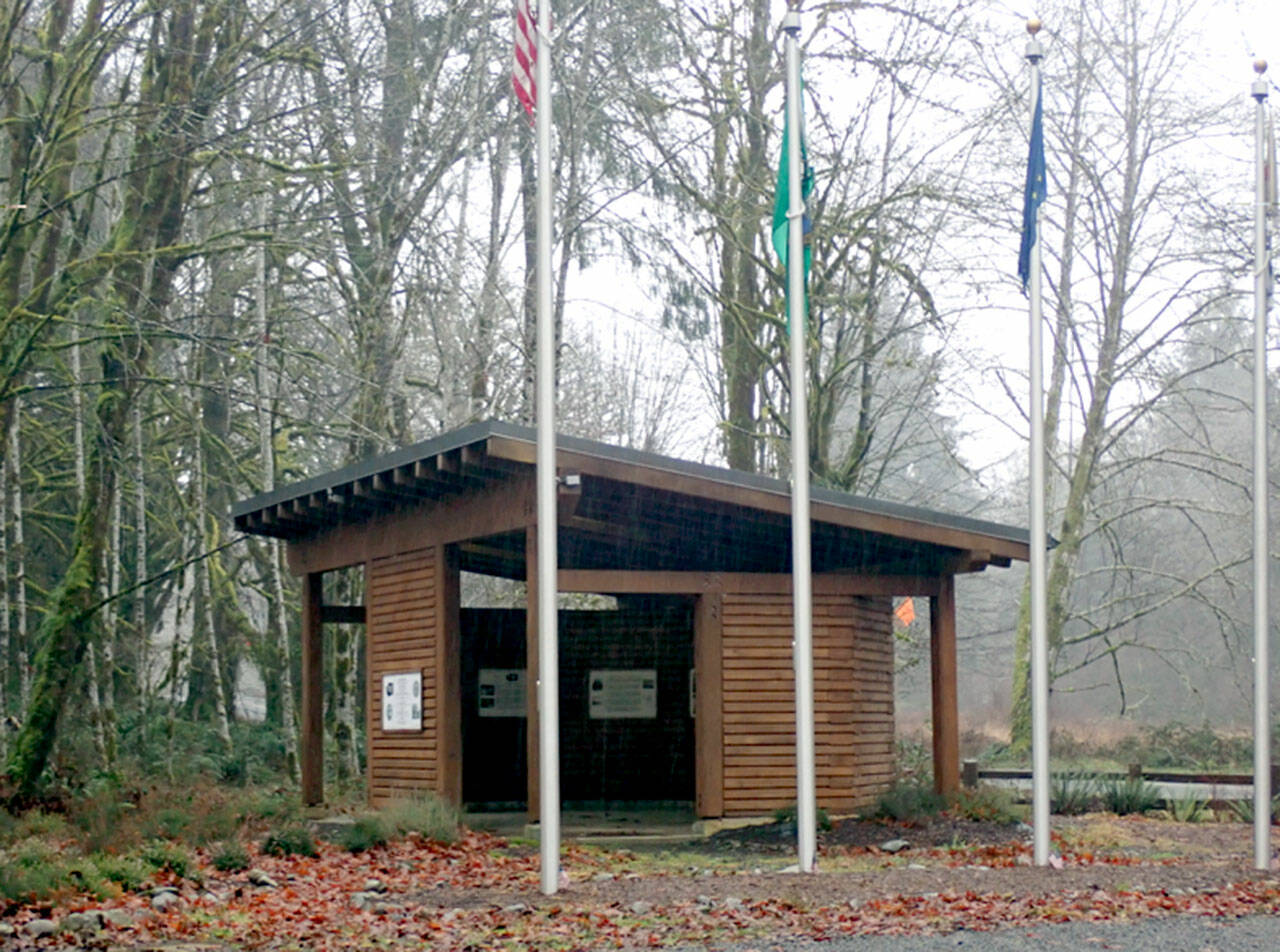 The monument to the October 1808 wreck of the S.V. Nikolai marks the area where a handful of survivors built a refuge after escaping from the Quileute and the Hoh. The monument at 5333 Upper Hoh Road was dedicated in 2015. (Pat Neal/For Peninsula Daily News)