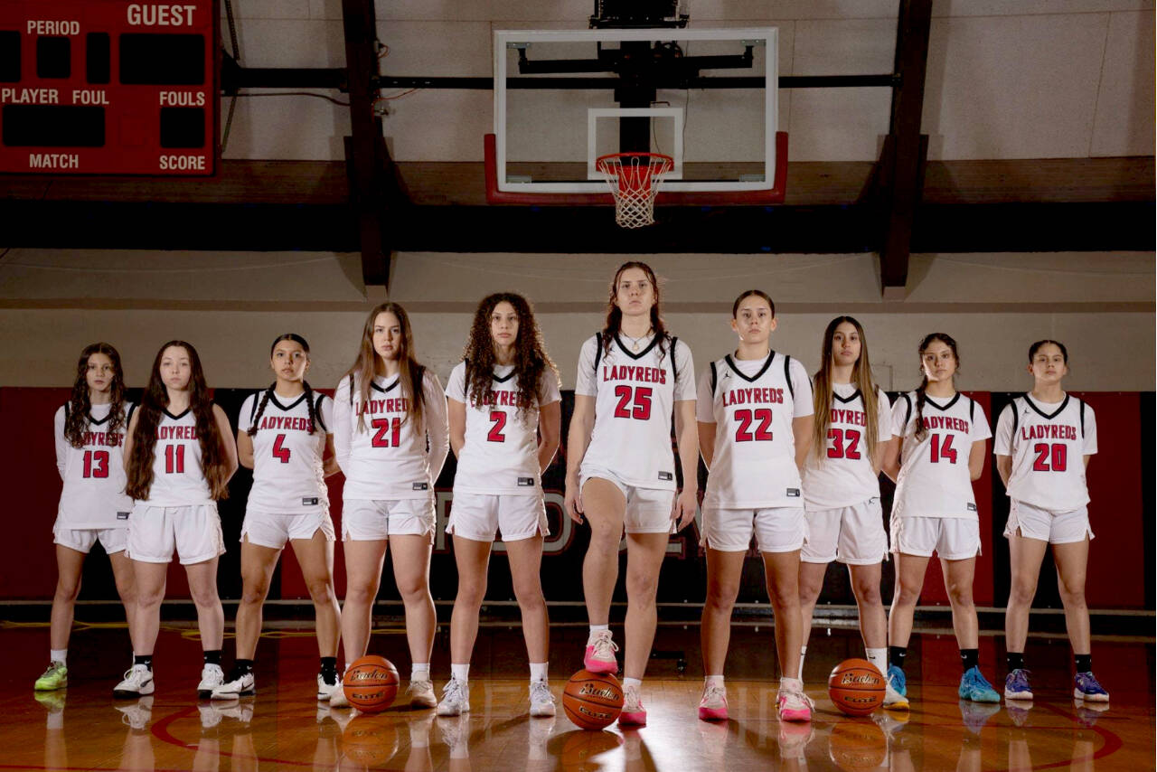 The state champion Neah Bay girls basketball team. From left, Danica Halttunen, Brianna McGimpsey, Qwaapeys Greene, Wiinuk Martin, Angel Halttunen, Ezrah Ray, Amber Swan, Ryana Moss, Cerise Moss, Caylee Moss. (Courtesy photo)