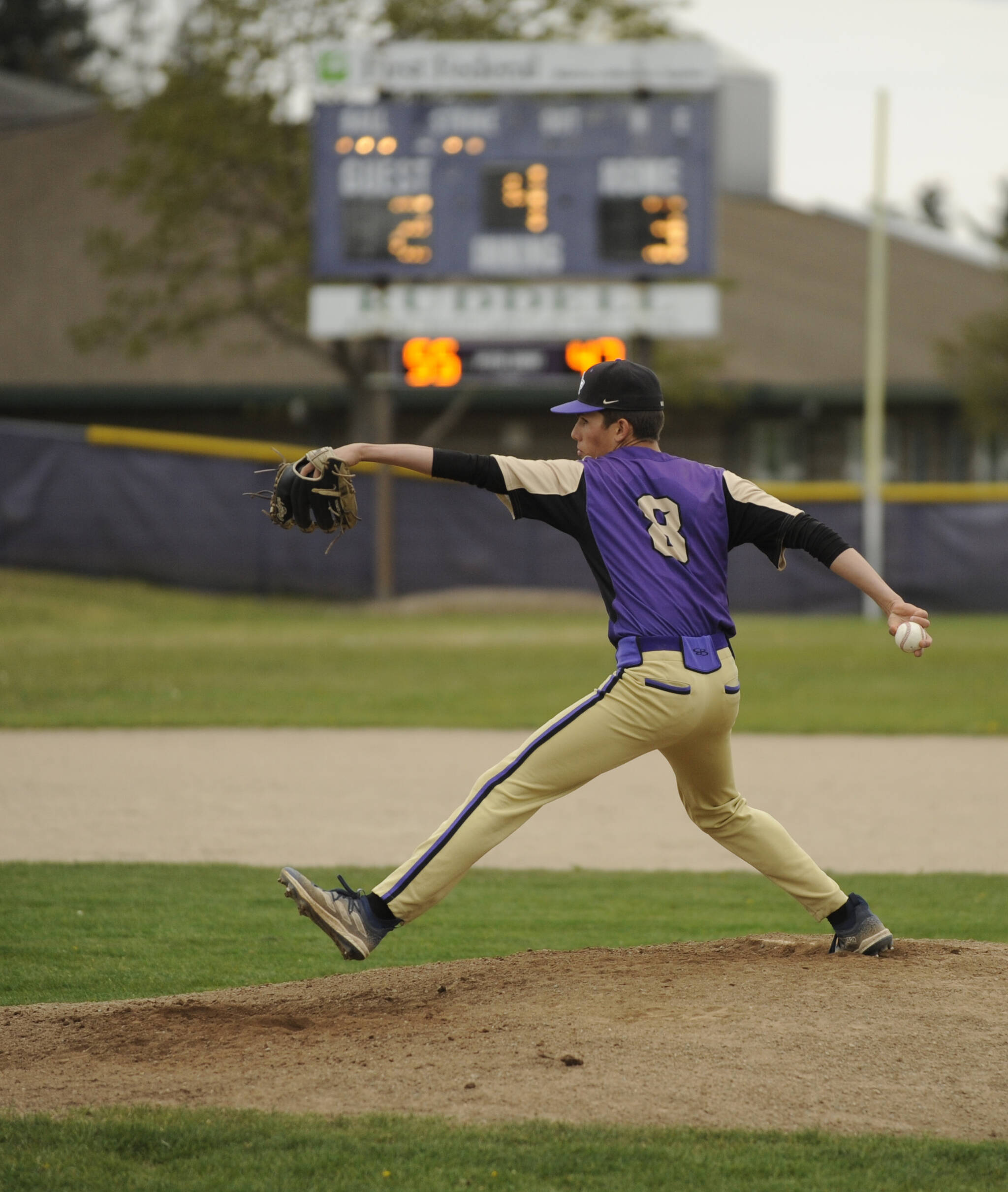 Sequim’s Ethan Staples readies his delivery during a 4-3 win over North Mason on Wednesday.