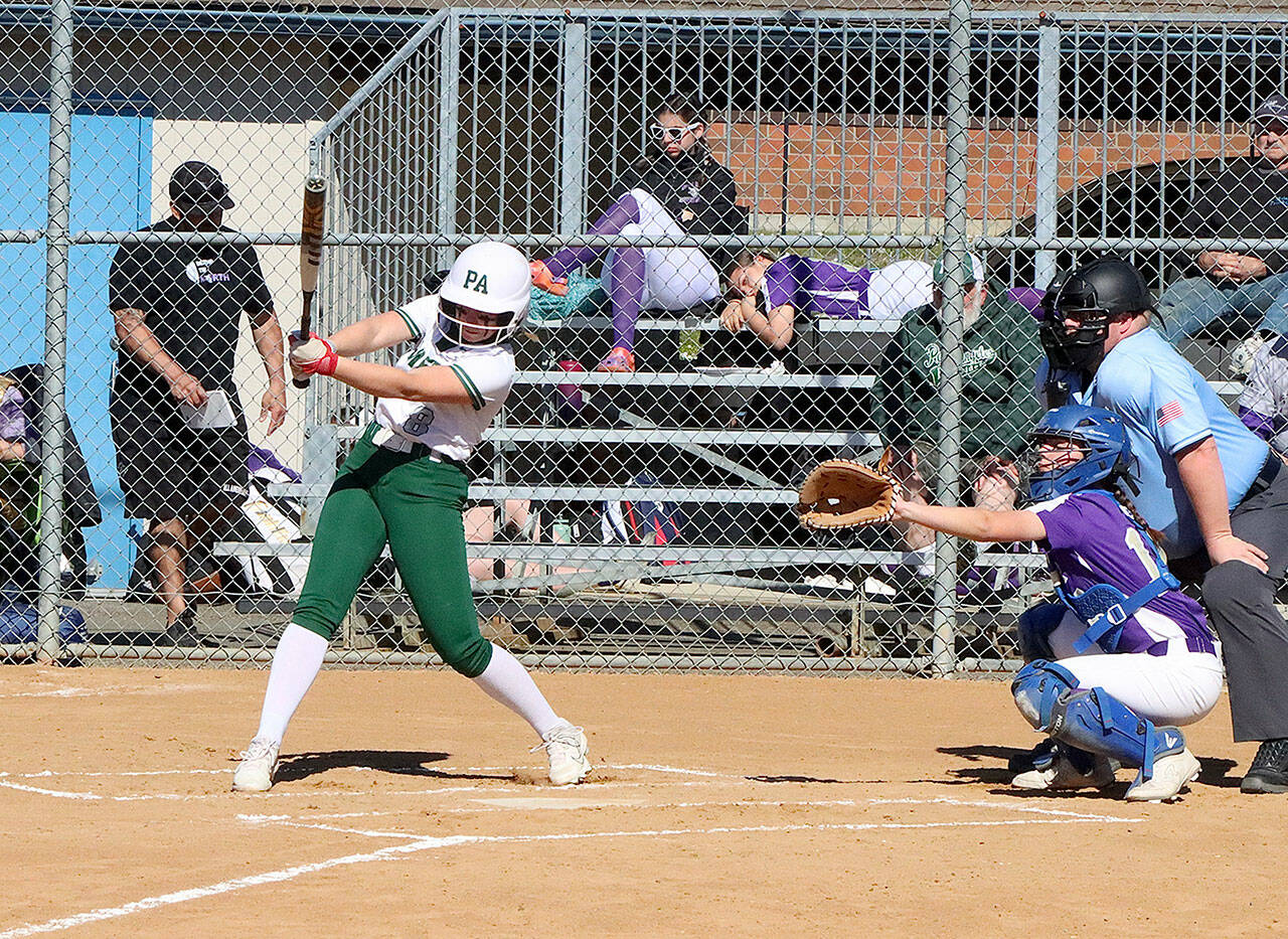 Heidi Leitz (8) swings for a base hit against North Kitsap on Thursday. The Riders got up 4-0, but North Kitsap went on to win 15-4 to tie Port Angeles for first place. (Dave Logan/for Peninsula Daily News)