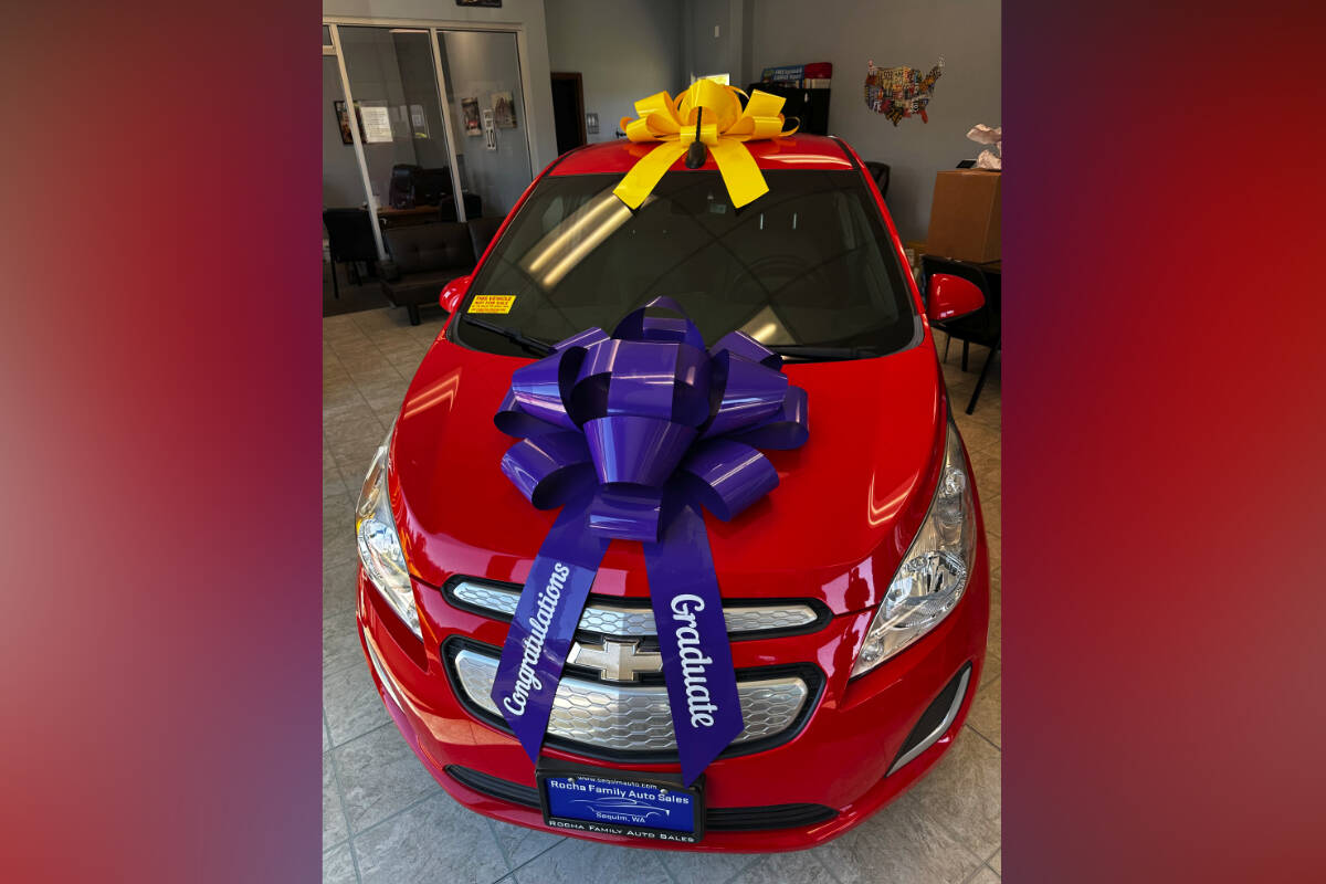 On June 14 one lucky Sequim High School student will drive home in a 2015 Chevy Spark EV courtesy of Rocha Family Auto Sales.