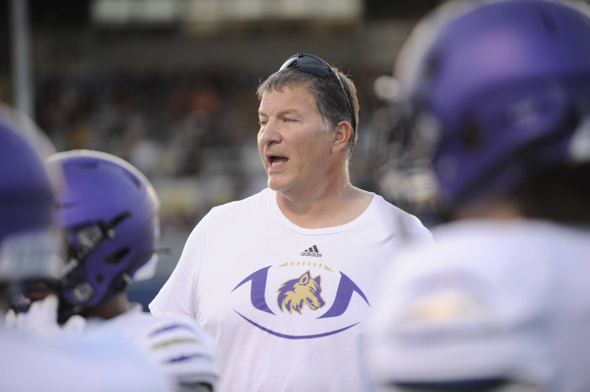 Michael Dashiell/Olympic Peninsula News Group
Sequim head coach Erik Wiker gives instruction to players in a non-league game at Spartan Stadium in Forks in September 2023.