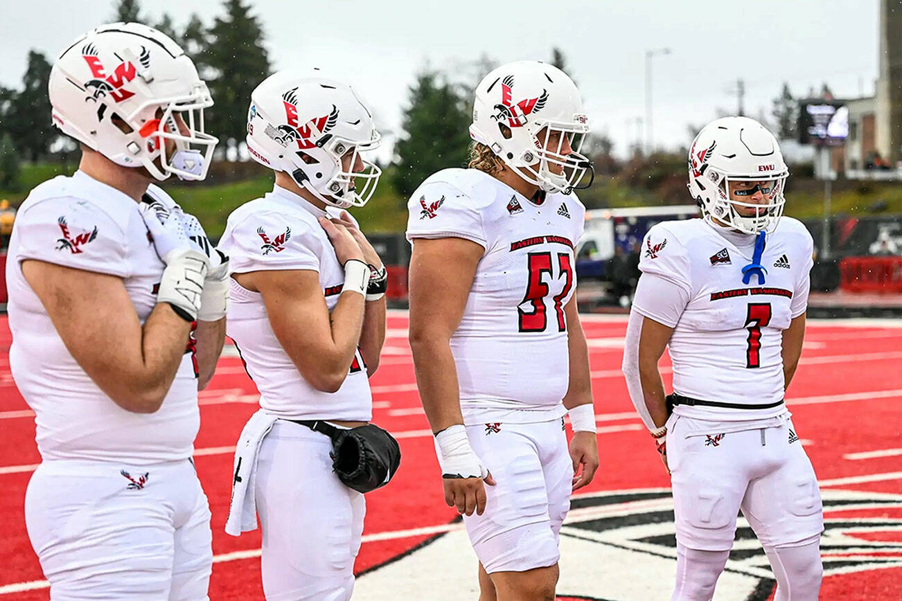 Courtesy Eastern Washington Athletics
Forks' Luke Dahlgren, second from right, shown during a pregame coin flip during the 2023 season, has been selected as a captain for the second straight season for the Eastern Washington football team.