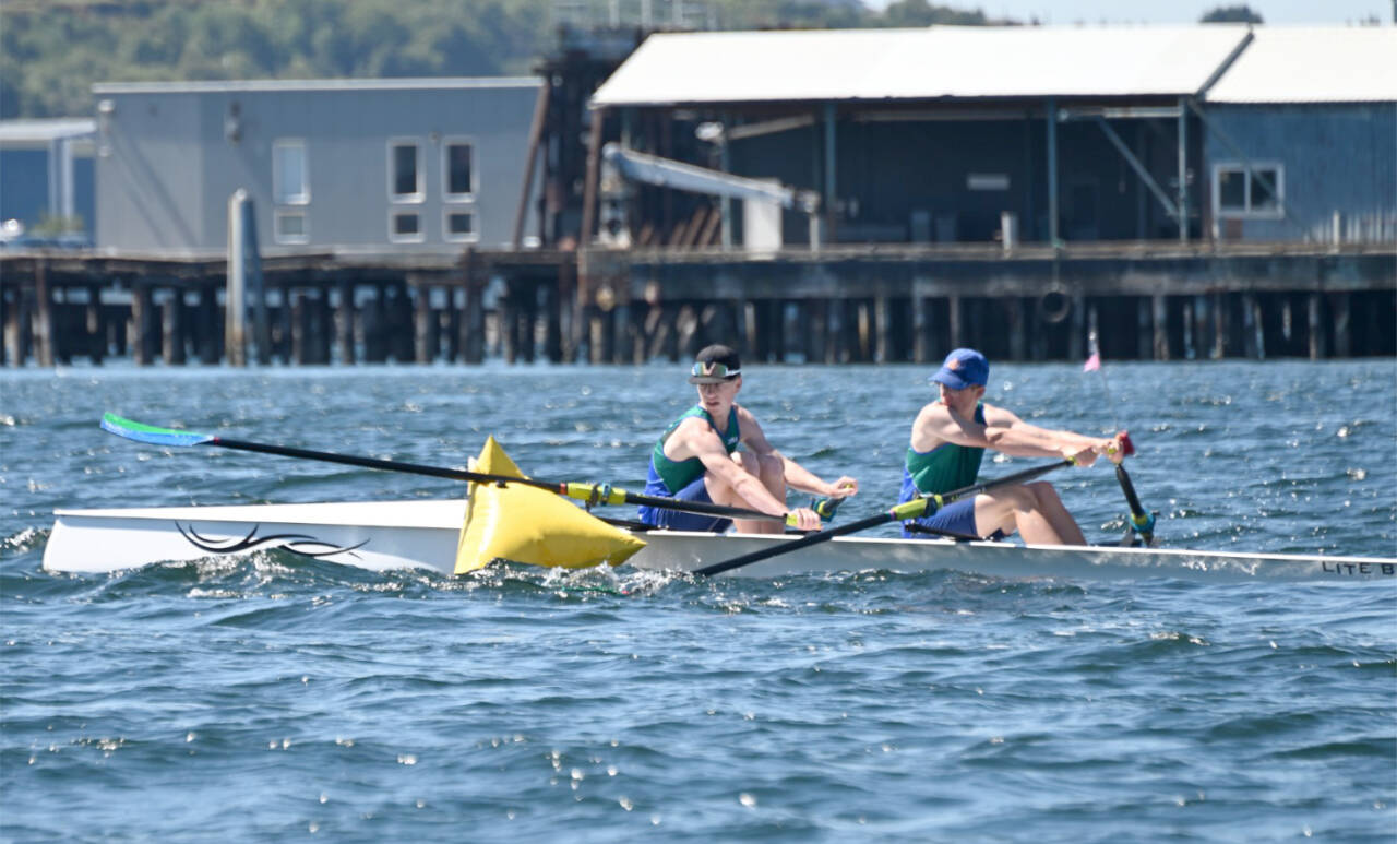 Noah Oberly and Cooper Disque eye the turn buoy in Port Angeles Harbor as they get ready to head back to shore. (Courtesy of OPRA)