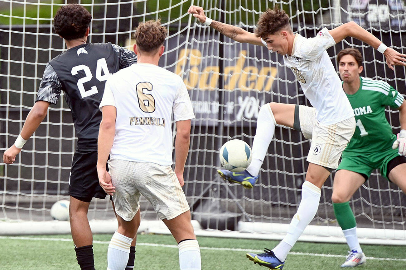 Rick Ross/Peninsula College Athletics
Peninsula College's Nil Grau controls the ball in the goal box while looking to score during the Pirates' 3-1 win over Tacoma at the NWAC Friendlies in Tacoma.