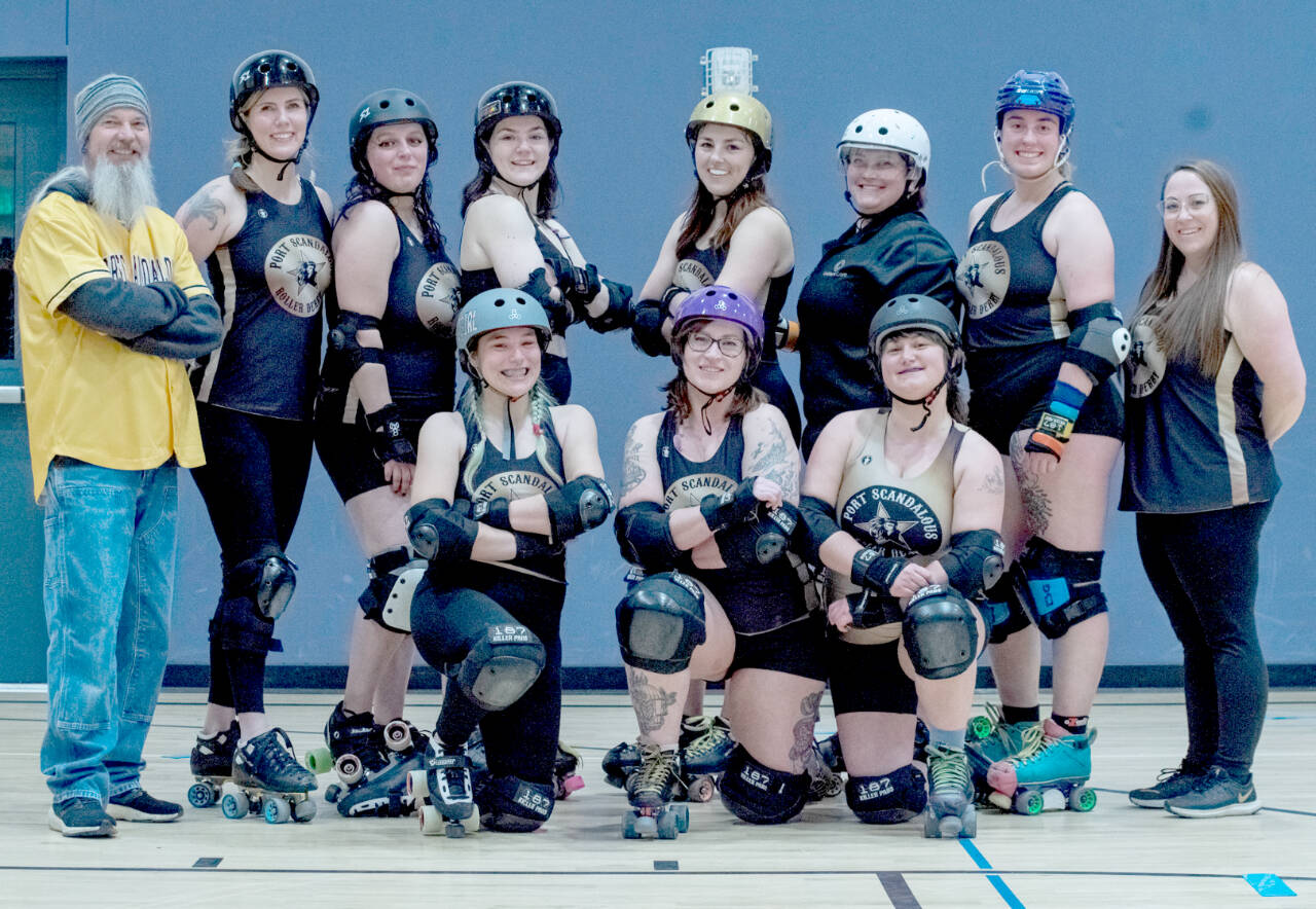 Sequim Gazette photo by Emily Matthiessen/ Port Scandalous Roller Derby league members pose for a group photo during a recent practice. Roller Derby athletes traditionally use special names when they play. Back row left to right: Big Papa, Lily Hammer, Skully, Small Fry, Sinna Buns, Steel MadNOLA, Summit Slayer and Austin Plowers. Kneeling: Elastigirl, Malice in Wonderland and Sarah Strange.