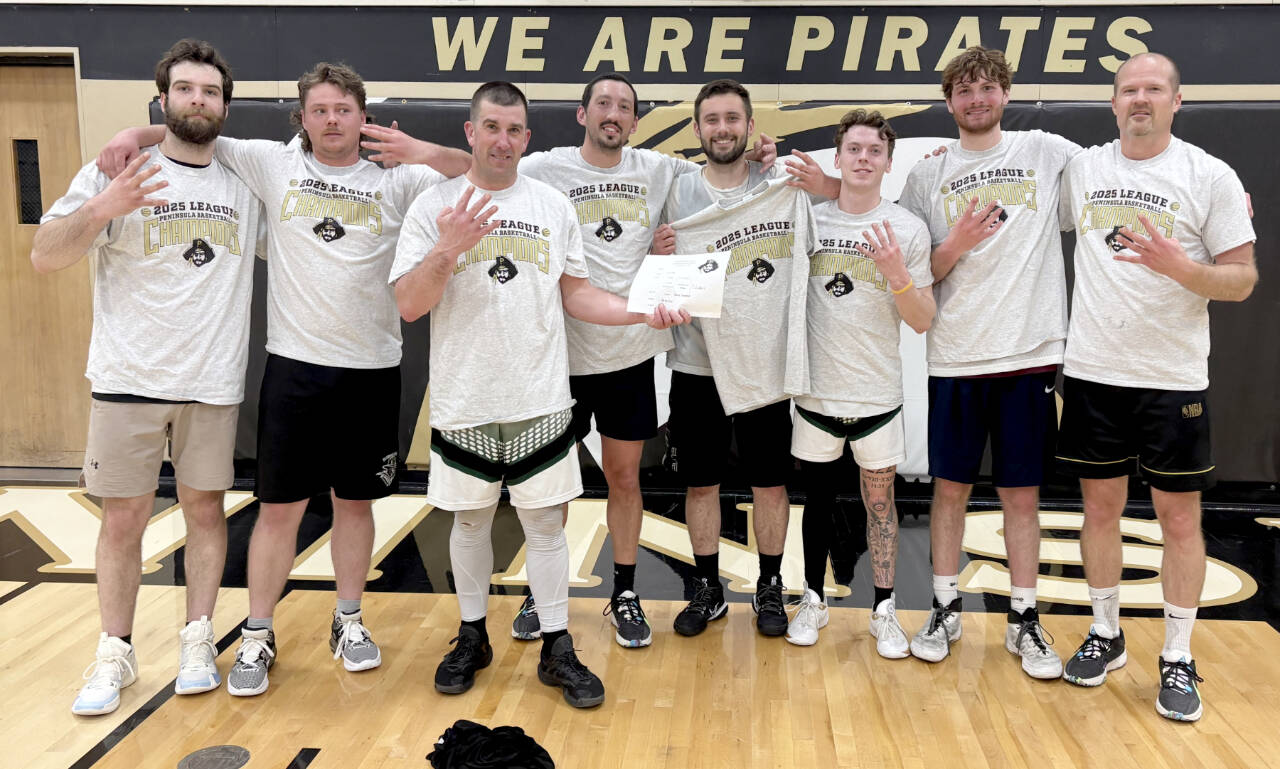 For the fourth straight year, the 7 Cedars Casino men's basketball team won the Peninsula Basketball League championship, sweeping through the season-ending playoff bracket on Monday night. The team includes from left, Garrett Edwards, Easton Joslin, Kasey Ulin, Daniel Horton, Kyle Benedict, Dru Clark, Wyatt Dunning and Jim Halberg. (Peninsula College)