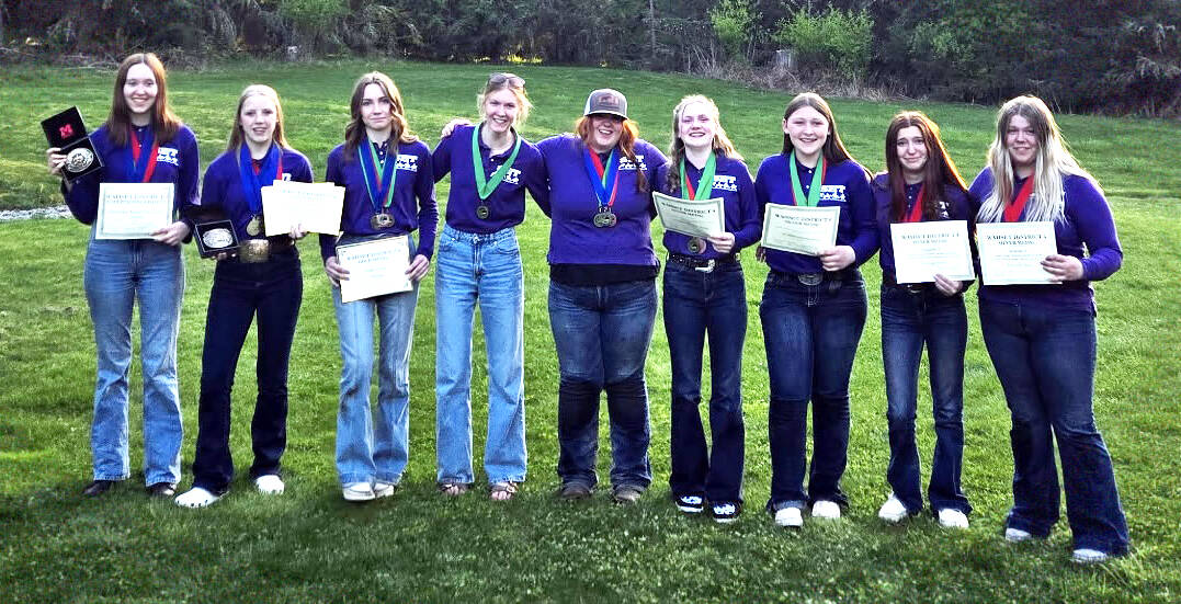 Photo Katie Salmon-Newton
Sequim Equestrian Team winners competing at WAHSET State Finals in May are Asha Swanberg, left, Taylor Lewis, Celbie Karjalainen , Joanna Seelye , Kenzi Winters , Paisley Morris and Kaija Johnson.