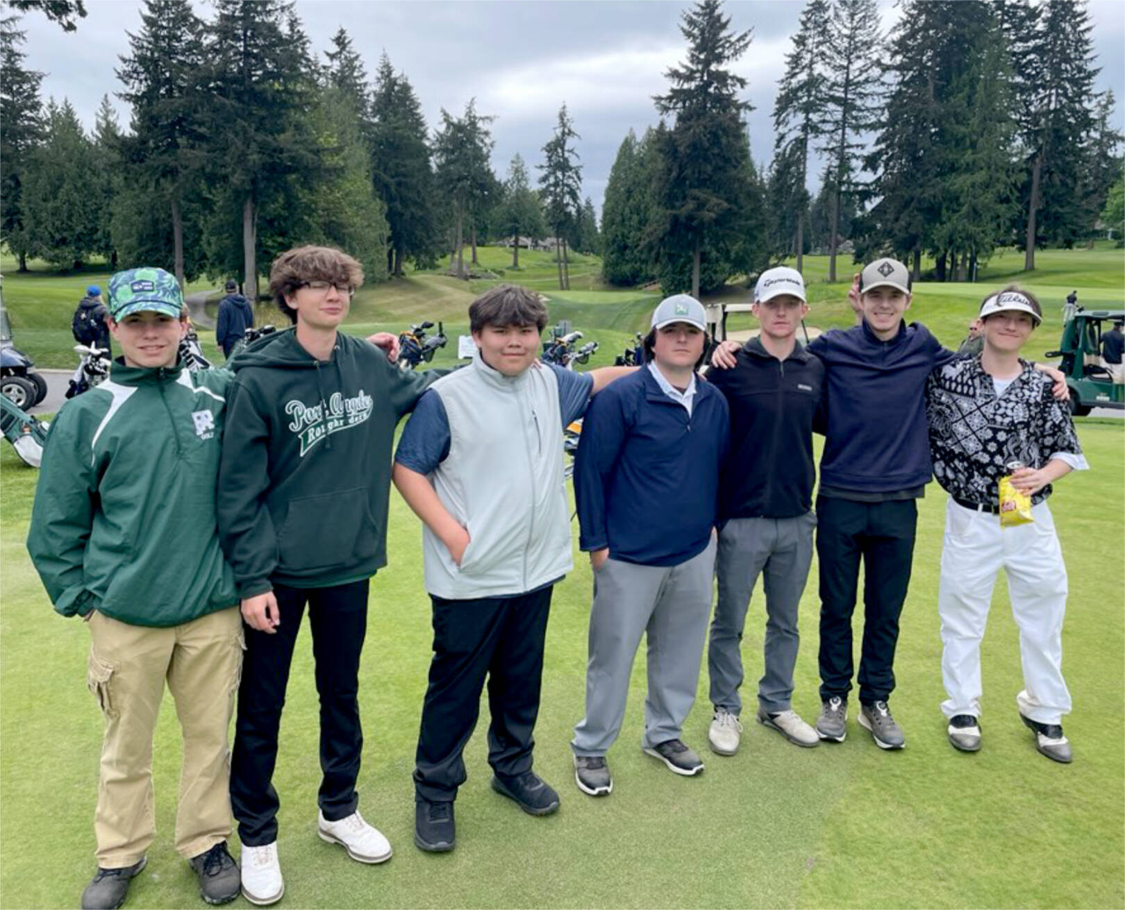 Bob Anderson
The Port Angeles boys golf team had a successful Olympic League tournament with Cale Wentz qualifying for state and four other golfers moving on to district. From left are Sky Gelder, Noah Myers, Kolby Charles, Max Gagnon, Tate Alton, Austin Worthington and Wentz.