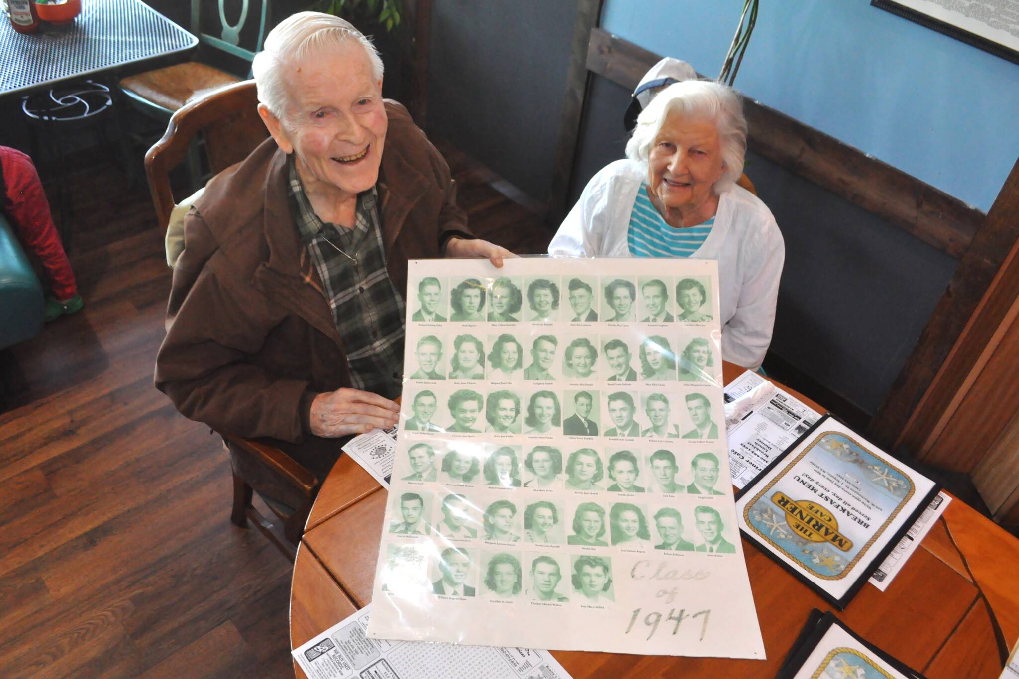 Matthew Nash/Olympic Peninsula News Group
Bob Clark and Mabel Sorensen, two of the four surviving members of Sequim High School’s class of 1947, met for lunch last month. It was also Sorensen’s 96th birthday.