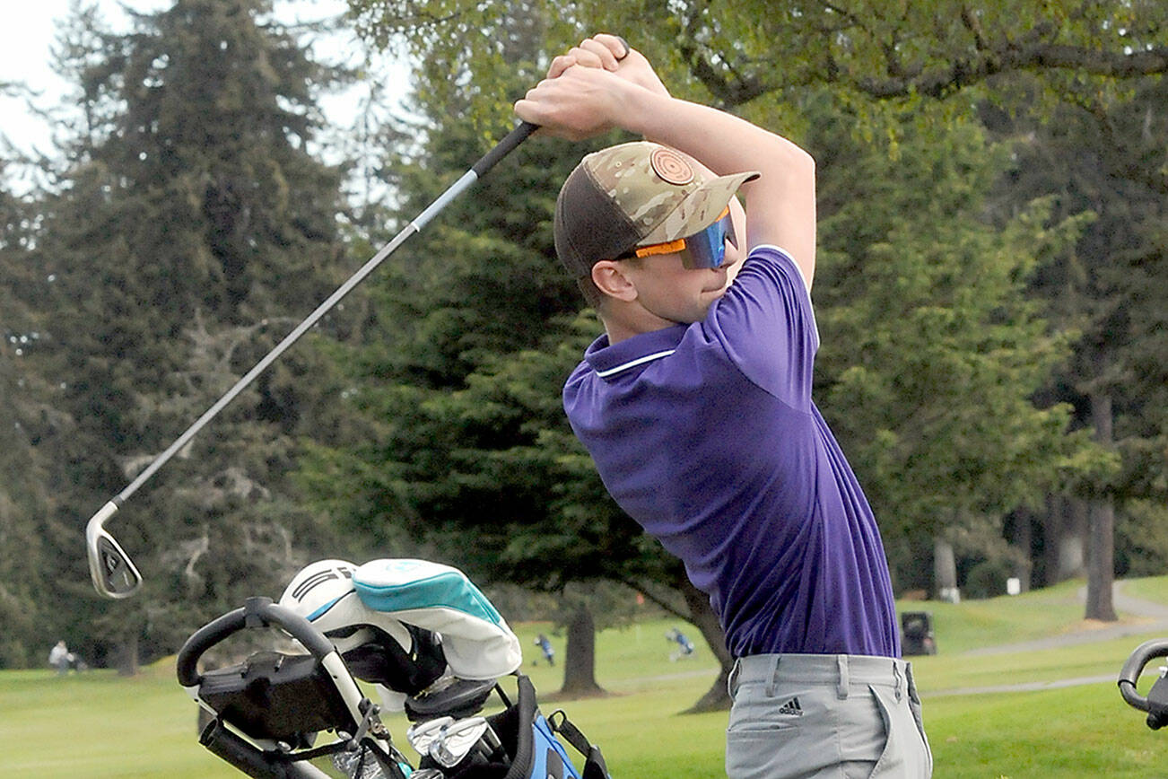 KEITH THORPE/PENINSULA DAILY NEWS
Sequim's Levi Breithaupt takes a tee-off shot during Friday's Duke Streeter Invitational at Peninsula Golf Club in Port Angeles.