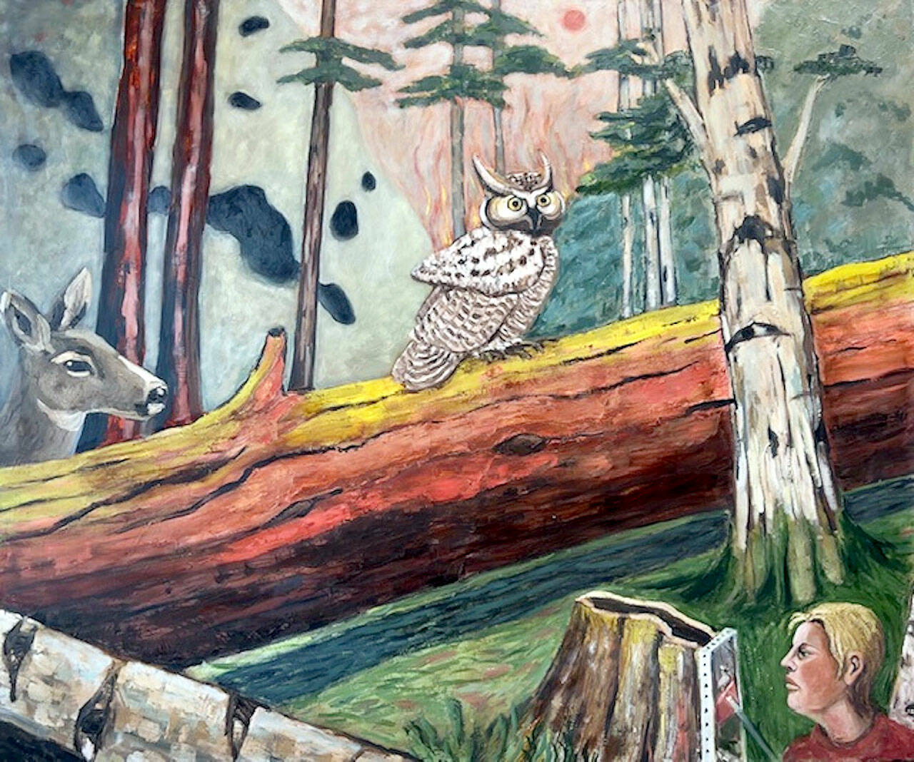 “Artist at Tamanowas” appears in Patricia Hagen’s one-woman show, “Into the Woods.” The exhibit, at Northwind Art’s Jeanette Best Gallery in Port Townsend, is designed to feel like a walk on a forest trail. (Patricia Hagen)
