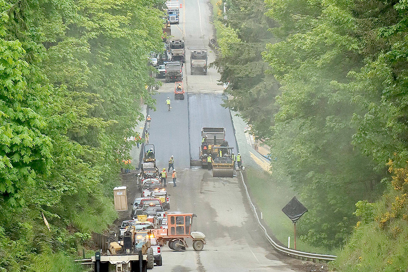 U.S. Highway 101, pictured from the Black Diamond bridge, is set to reopen late Thursday or early Friday, the state Department of Transportation said. The section has been closed since early March for fish passage work on Tumwater Creek with a detour set up on state Highway 117. (Dave Logan/for Peninsula Daily News)