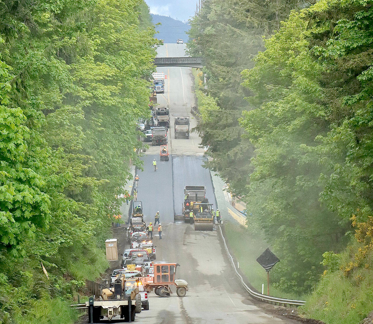 U.S. Highway 101, pictured from the Black Diamond bridge, is set to reopen late Thursday or early Friday, the state Department of Transportation said. The section has been closed since early March for fish passage work on Tumwater Creek with a detour set up on state Highway 117. (Dave Logan/for Peninsula Daily News)