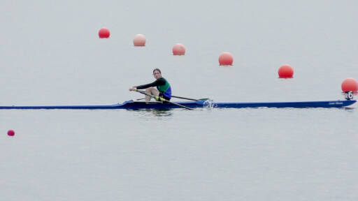 The Olympic Peninsula Rowing Association’s Danielle Woodhouse approaches the finish line at Lake Vancouver this weekend, where she finished second in the B final of the U17 singles race. (Sean Halberg)