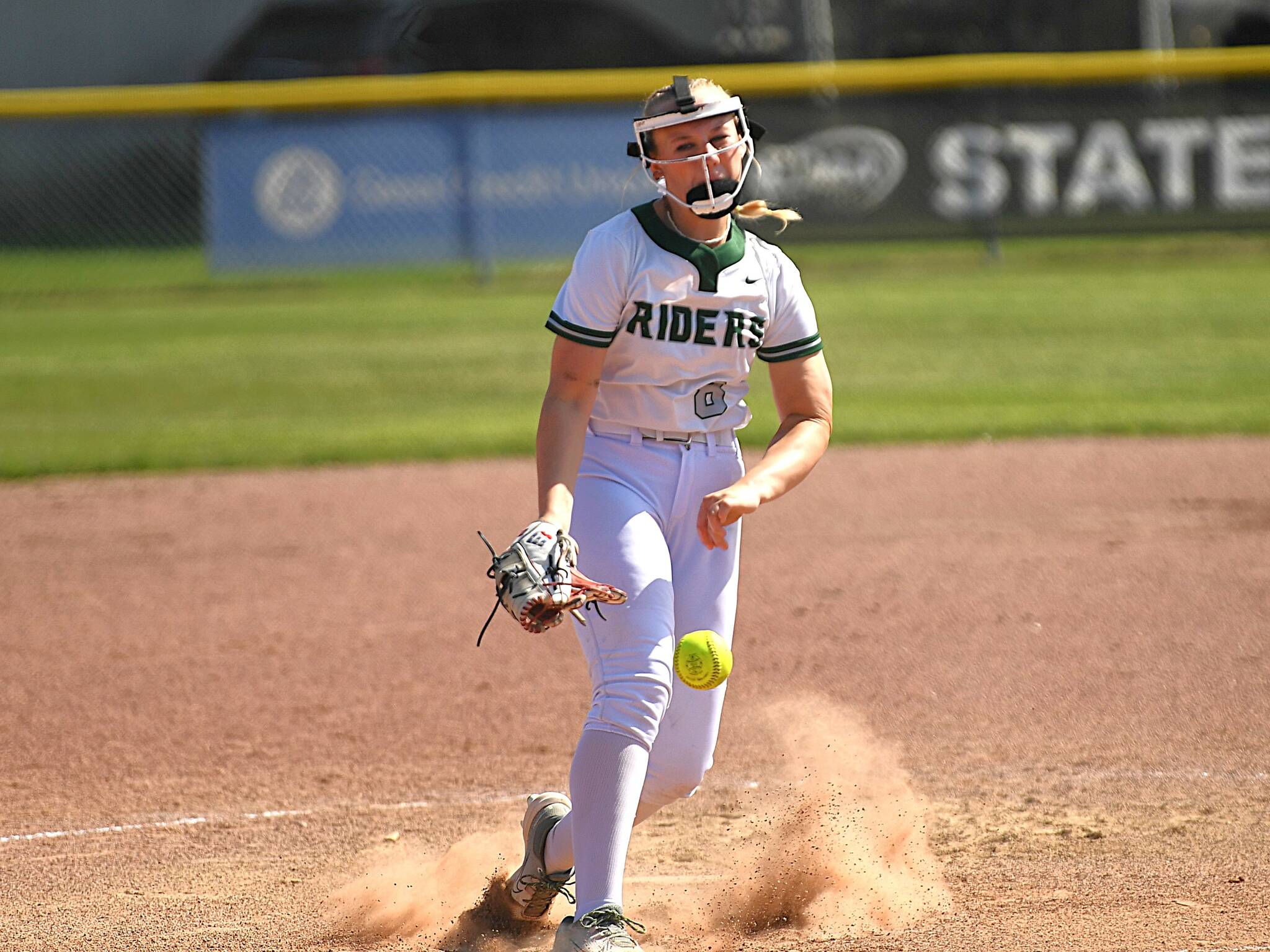 Port Angeles’ Heidi Leitz pitched a perfect game with 19 strikeouts in the state tournament semifinals victory over Mark Morris. The Roughriders finished second at state, falling to Aberdeen 2-1 in the finals. (Dan Rosenfield/Longview Daily News)