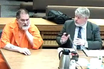 Dale Allen Jaff, 57, of Port Hadlock sits for his arraignment hearing on May 16 in Clallam County Superior Court. His appointed defense attorney, Alex Stalker, pleaded not guilty for Jaff to felony charges for robbing Sequim’s Kitsap Bank on April 9. (Clallam County Superior Court)