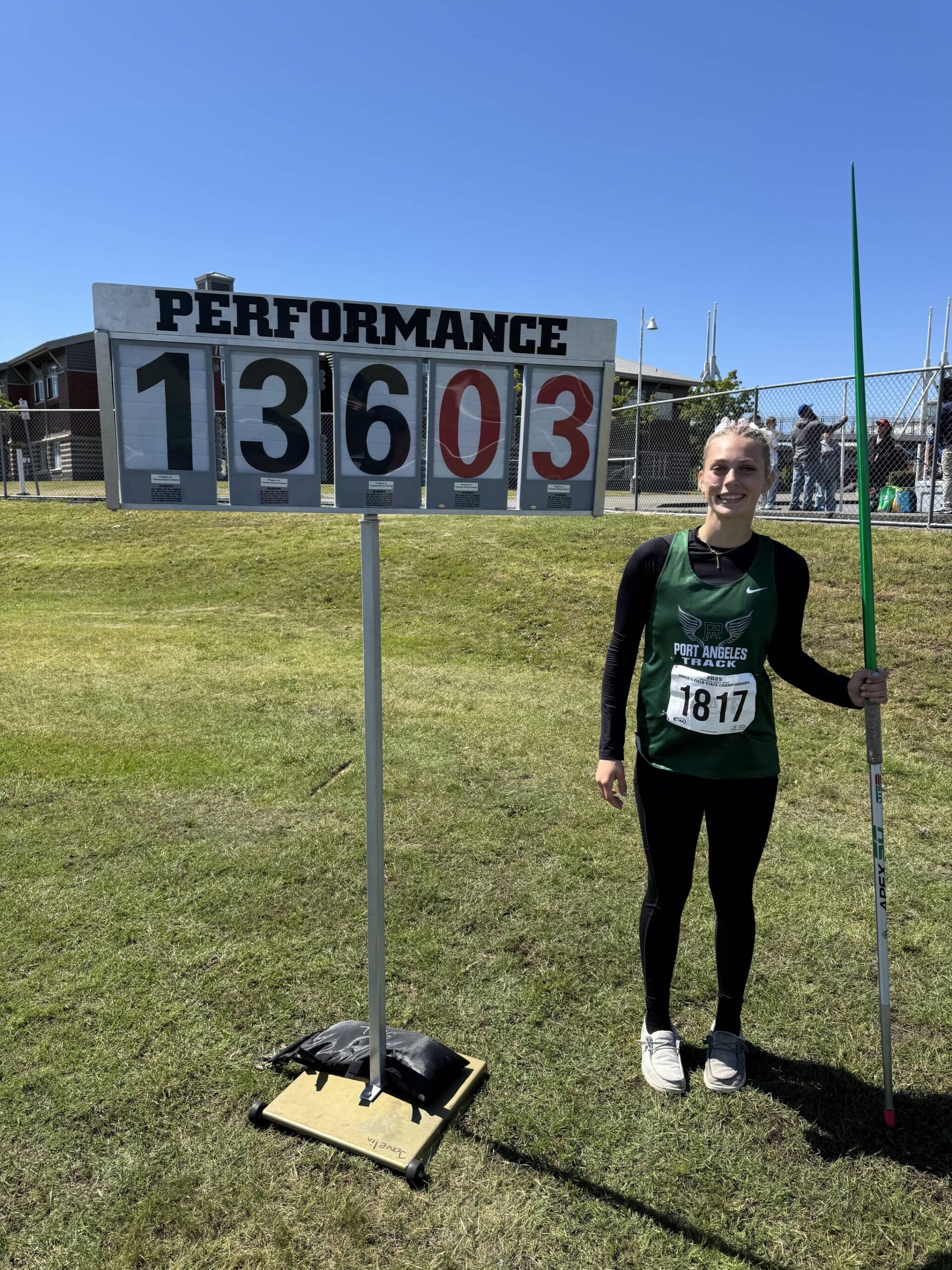 Port Angeles junior Teanna Clark broke her own school record while winning the javelin state title at the Class 2A State Track & Field Championships on Thursday at Mount Tahoma High School.