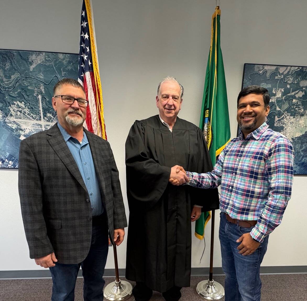 Forks Mayor Tim Fletcher, Judge Bruce Hanify and Forks City Council member Vilkesh Patel.