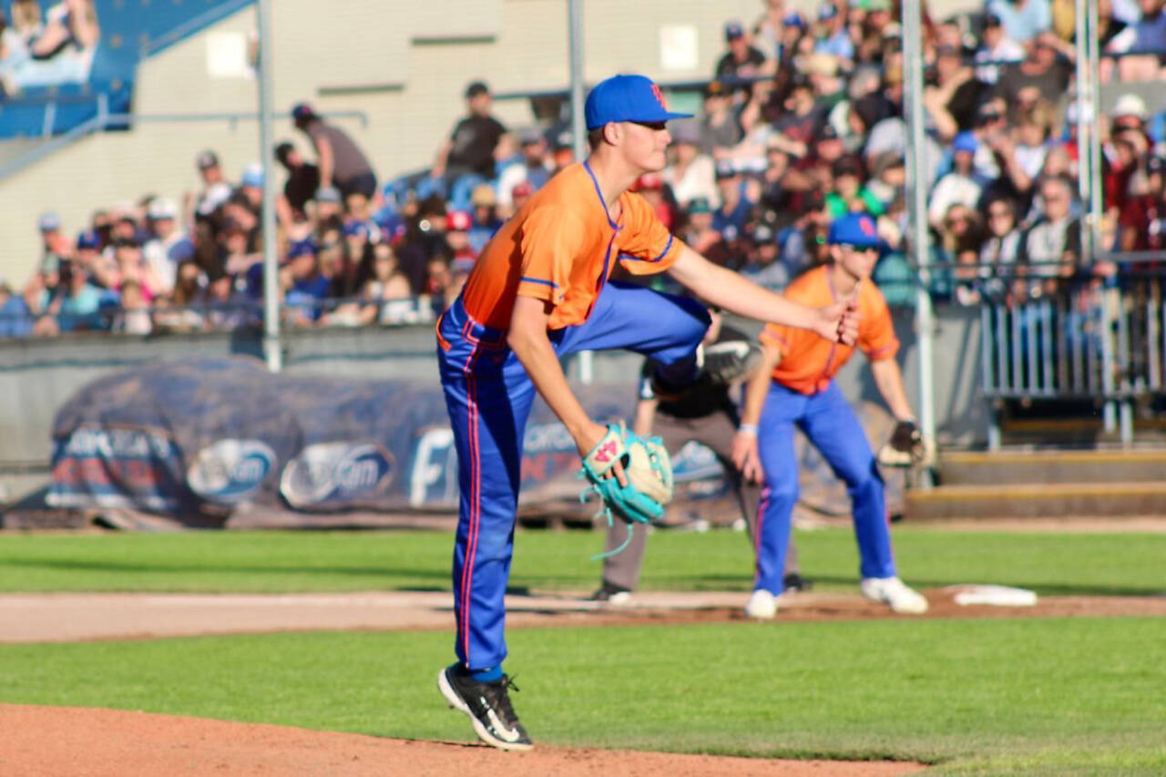 Port Angeles Leftie Ryan Rodriguez pitches Saturday night at Victoria's Royal Athletic Park. He went three innings, allowing no runs and one hit. (Victoria News)